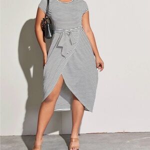 SHEIN Black and White Striped Asymmetrical Tie-Waist Dress